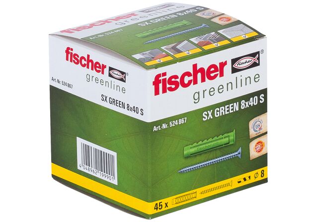 Emballasje: "fischer Nylonplugg SX 8 x 40 S med krage og skrue (NOBB 49137423)"