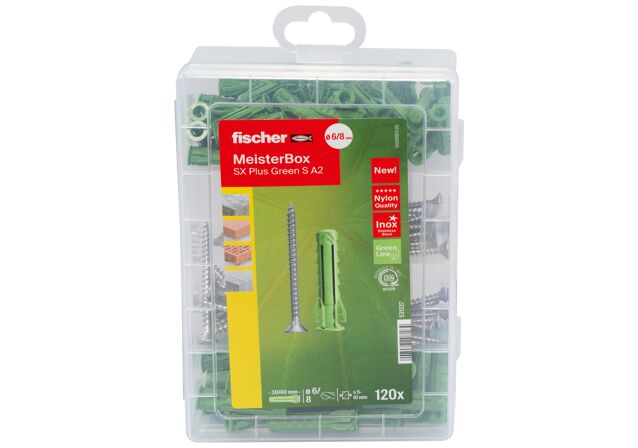 Packaging: "fischer Meister-Box GreenLine 확장 플러그 SX + A2 screw"