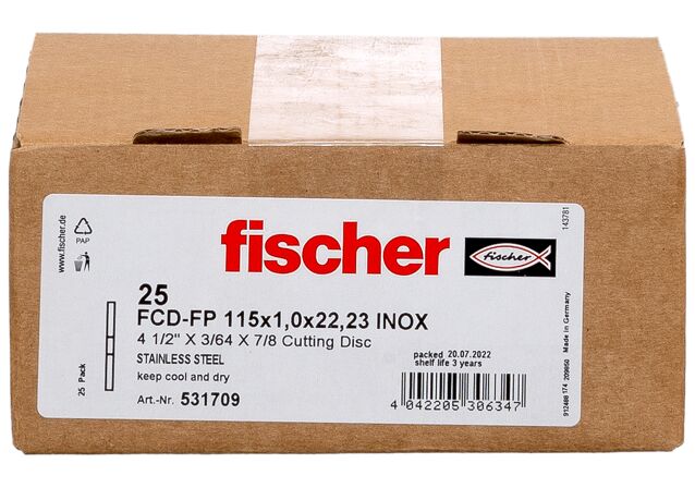 Packaging: "fischer cutting disc FCD-FP 115 x 1,0 x 22,23 plus"