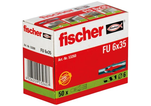 Balení: "fischer univerzální hmoždinka FU 6 x 35 bez šroubu"