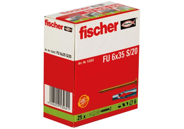 Packaging: "fischer univerzális dübel FU 6 x 35 S/20 csavarral"
