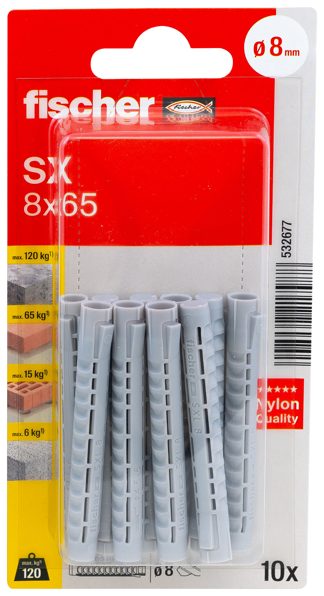 Packaging: "fischer Expansion plug SX 8 x 65 with larger anchorage depth"