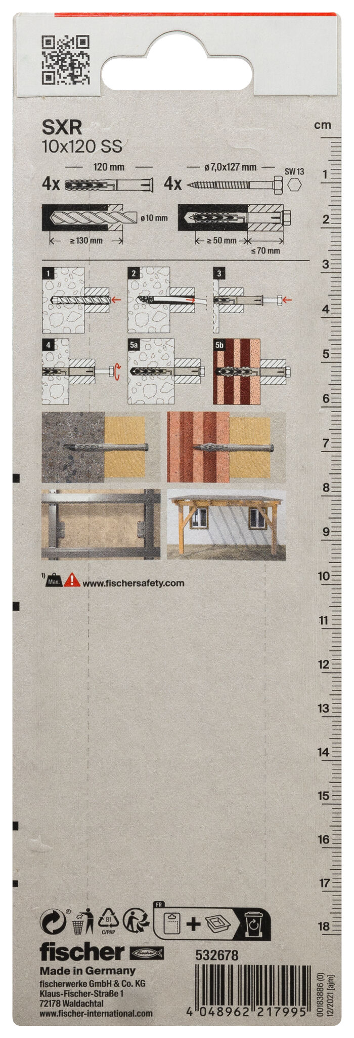 Packaging: "fischer Frame fixing SXR 10 x 120 SS K with hexagonal screw"