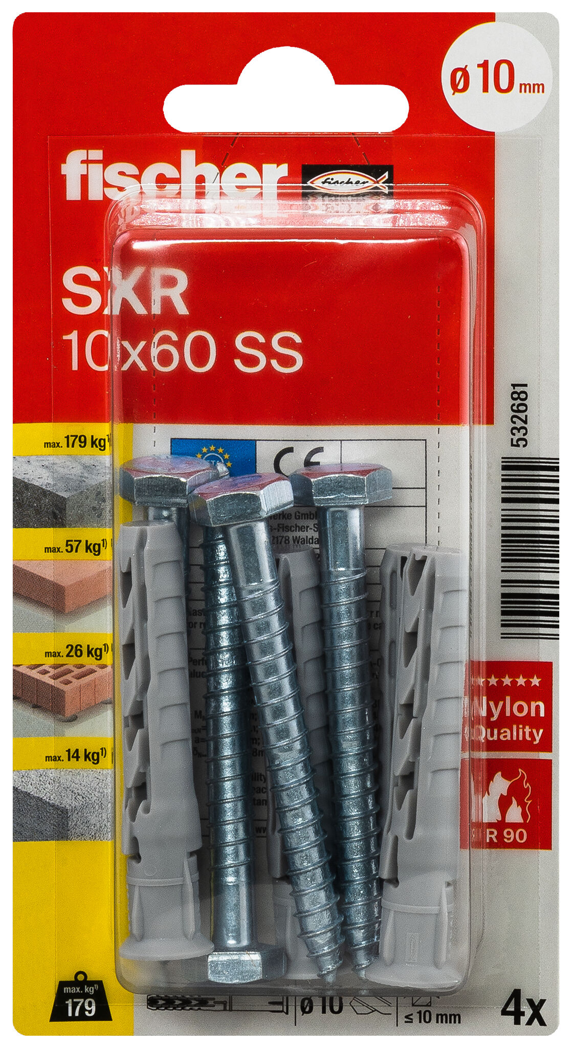 Packaging: "fischer Frame fixing SXR 10 x 60 SS K with hexagonal screw"
