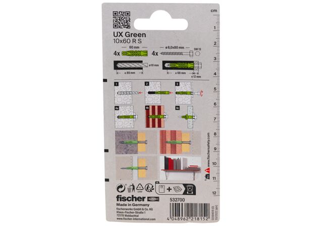 Packaging: "fischer Tampão universal UX Green 10 x 60 R S com rebordo and screw"
