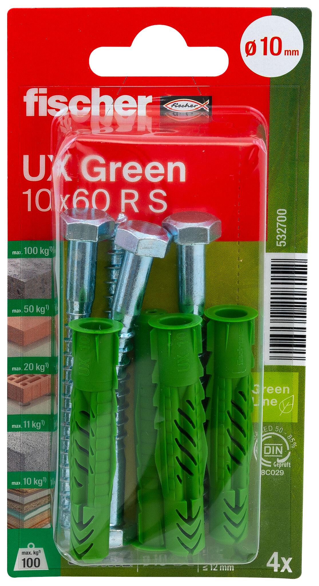 Packaging: "fischer Universal plug UX Green 10 x 60 R S with rim and screw"