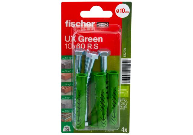 Packaging: "fischer Universal plug UX Green 10 x 60 R S with rim and screw"