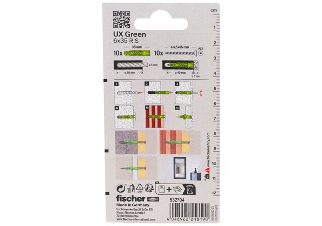 Packaging: "fischer Yleistulppa UX Green 6 x 35 R S with rim and screw"