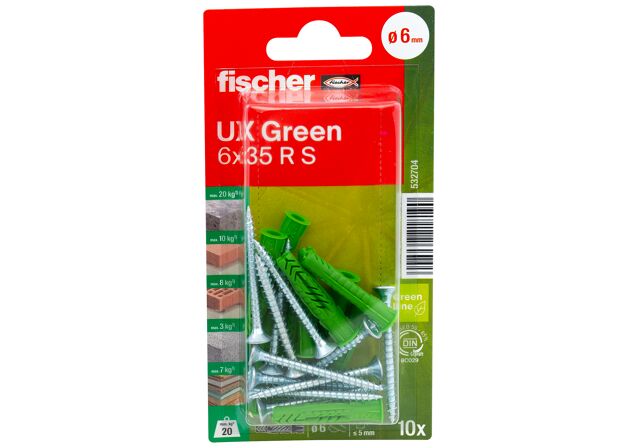 Packaging: "fischer Universal plug UX Green 6 x 35 R S with rim and screw"