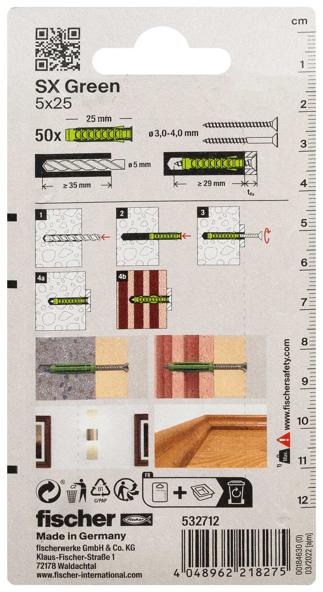 Packaging: "fischer Expansion plug SX Green 5 x 25 with rim"