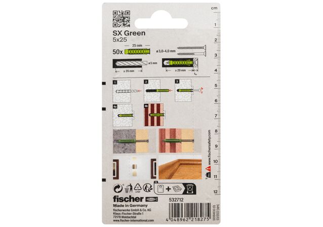 Packaging: "fischer Expansion plug SX Green 5 x 25 with rim"