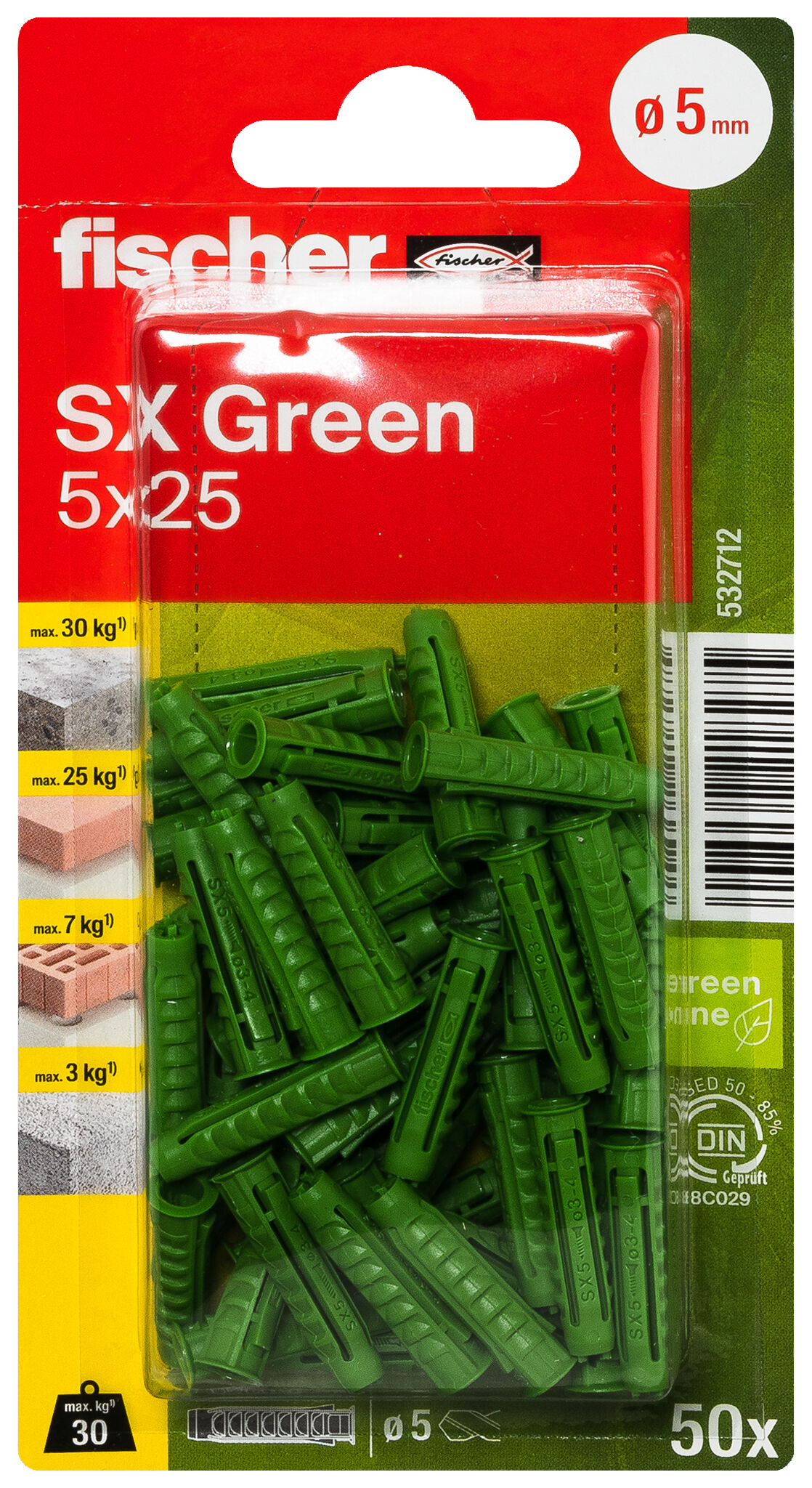 Packaging: "fischer Expansion plug SX Green 5 x 25 with rim"