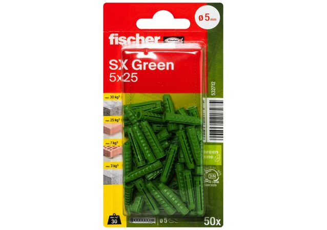Emballasje: "fischer Nylonplugg SX Green 5 x 25"