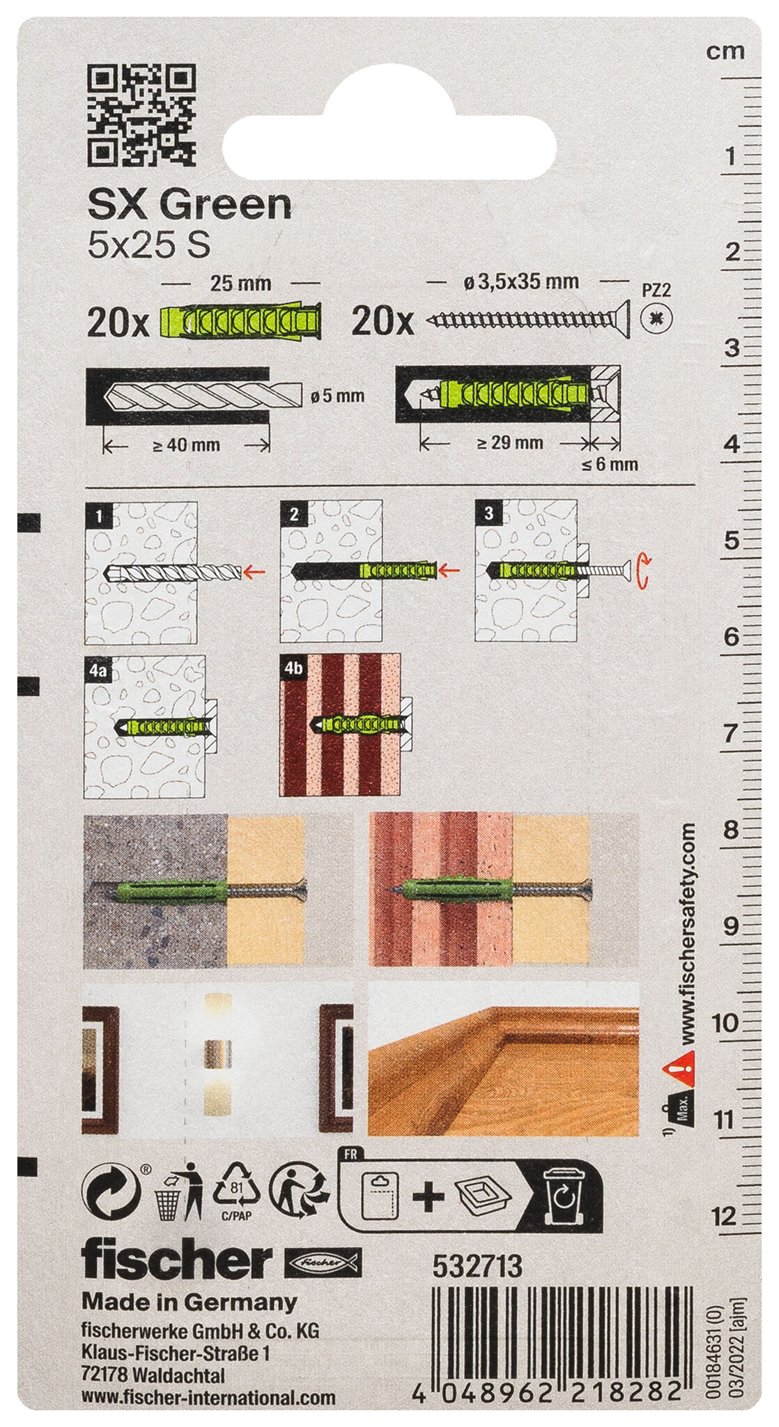 Packaging: "fischer Expansion plug SX Green 5 x 25 S with screw"