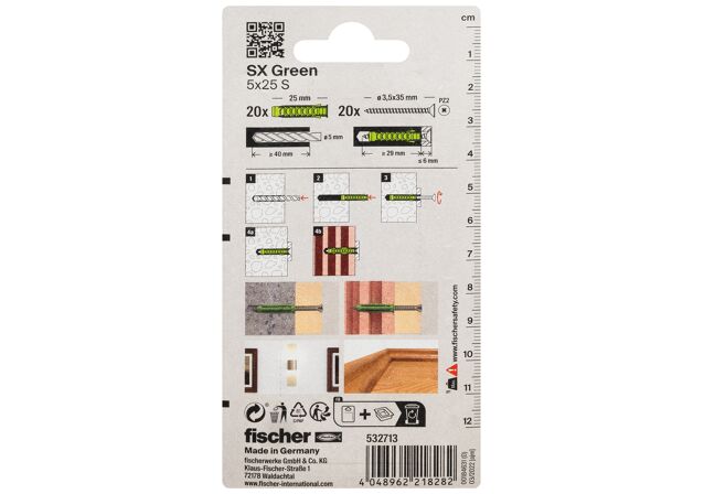 Packaging: "fischer Laajeneva tulppa SX Green 5 x 25 S ruuveilla"