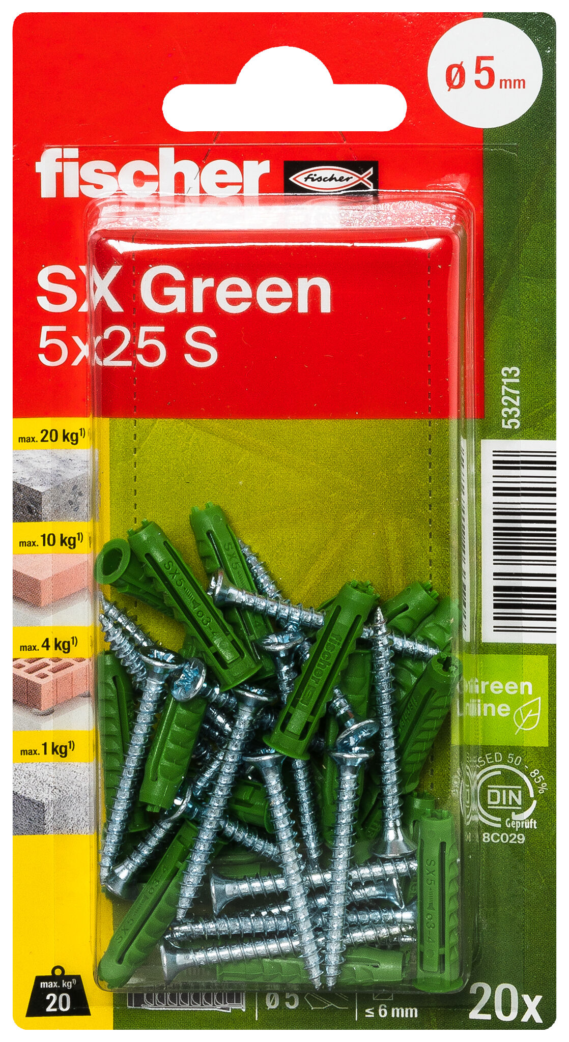 Packaging: "fischer Expansion plug SX Green 5 x 25 S with screw"