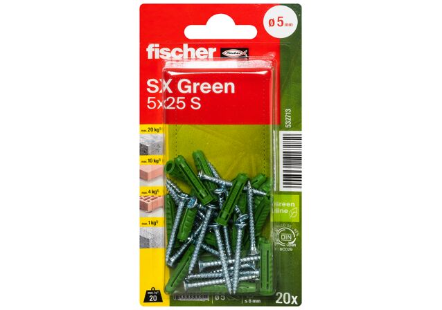 Packaging: "fischer Expansion plug SX Green 5 x 25 S with screw"