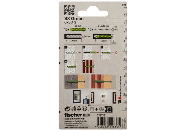 Packaging: "fischer Laajeneva tulppa SX Green 6 x 30 S ruuveilla"