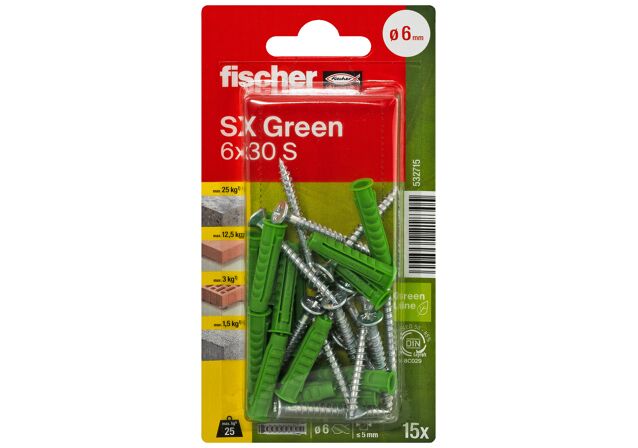 Packaging: "fischer Laajeneva tulppa SX Green 6 x 30 S ruuveilla"