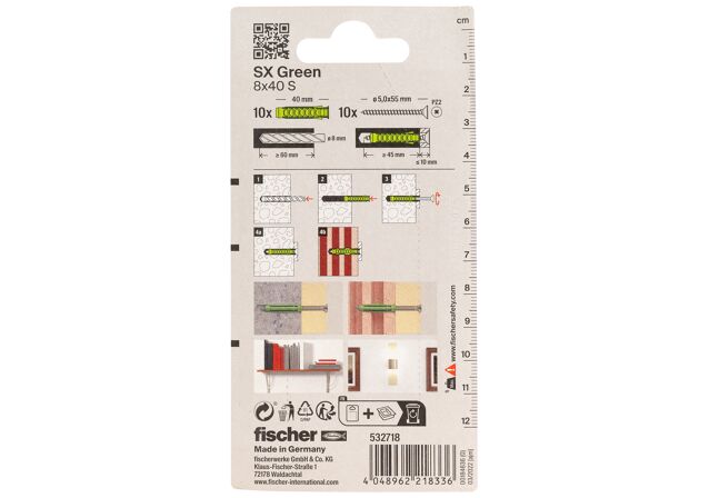 Packaging: "fischer Laajeneva tulppa SX Green 8 x 40 S ruuveilla"