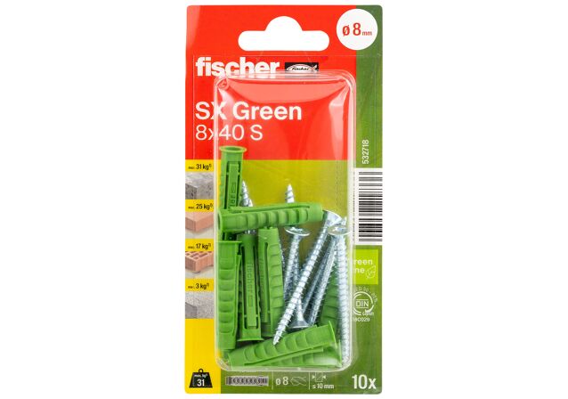 Packaging: "fischer dübel SX Green 8 x 40 S K NV csavarral"
