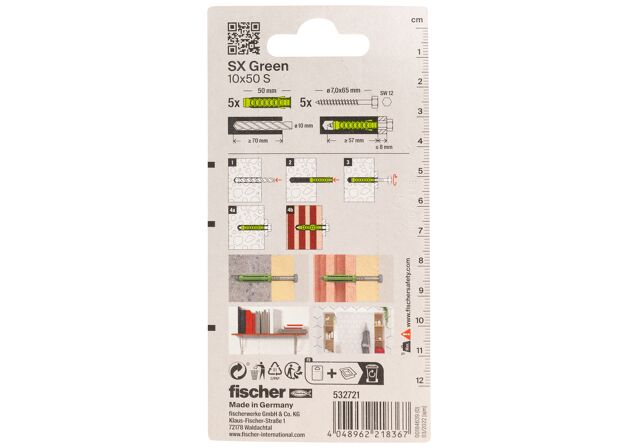 Packaging: "fischer dübel SX Green 10 x 50 S K NV peremmel és csavarral"