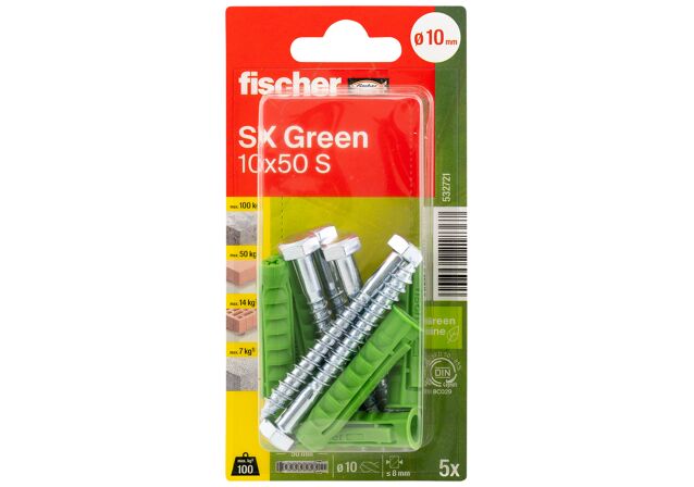 Packaging: "fischer Laajeneva tulppa SX Green 10 x 50 S K ruuveilla"
