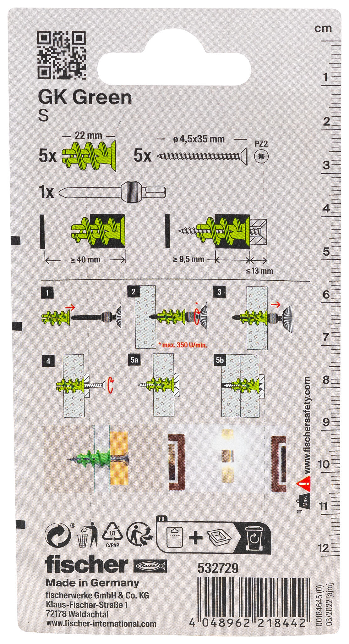 Packaging: "fischer Plasterboard fixing GK Green S with screw"