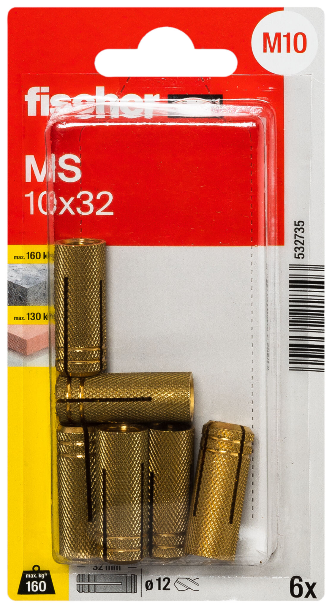 Packaging: "fischer Brass fixing MS 10 x 32 K SB-card"