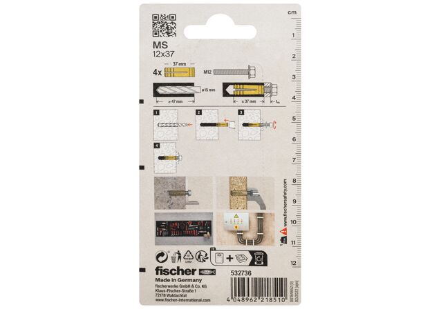 Packaging: "fischer Pirinç sabitleme MS 12 x 37 K SB kart"