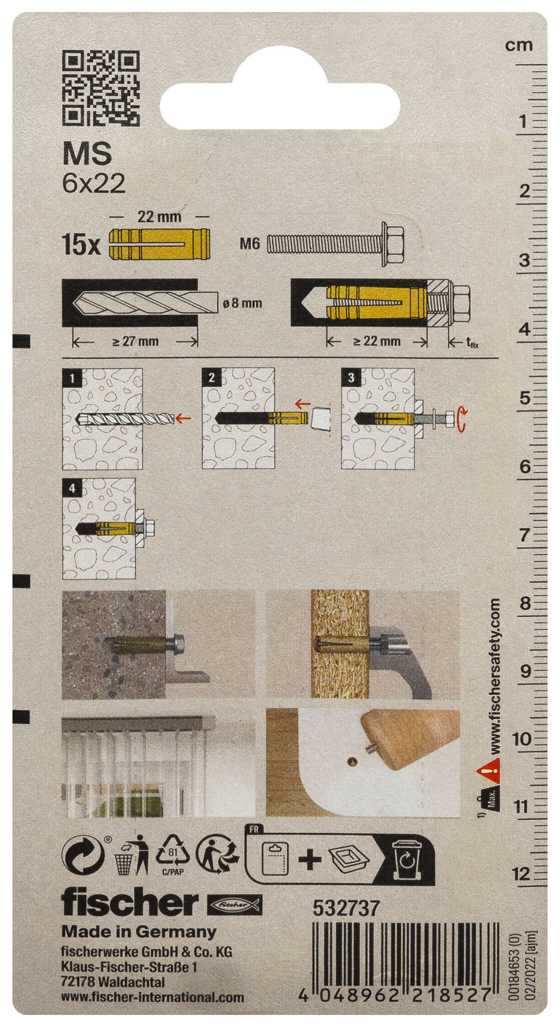 Packaging: "fischer Brass fixing MS 6 x 22 K SB-card"