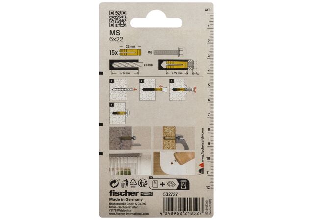 Packaging: "fischer Pirinç sabitleme MS 6 x 22 K SB kart"