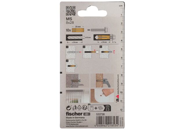 Packaging: "fischer Pirinç sabitleme MS 8 x 28 K SB kart"