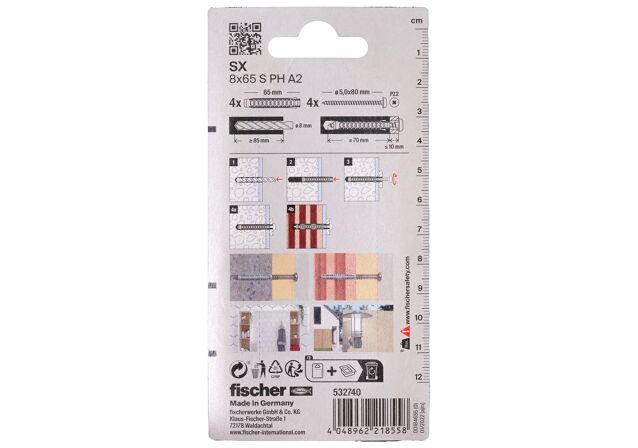 Packaging: "fischer Plug SX 8 x 65 met rvs A2 schroef"