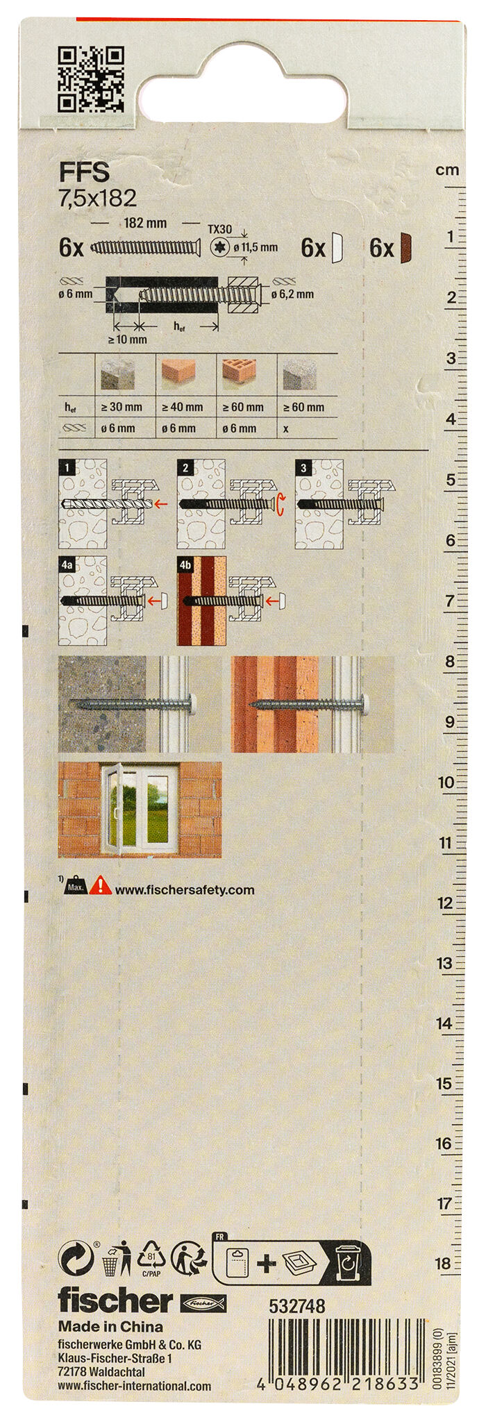 Packaging: "fischer Window frame screws FFS 7.5 x 182 TX30 K SB-card"