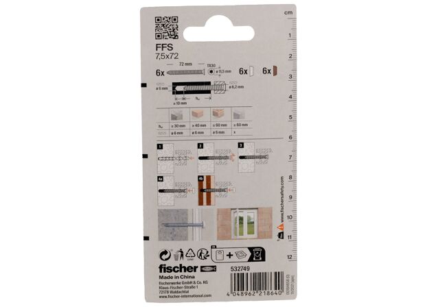 Packaging: "Шуруп для крепления рам fischer FFS 7.5 x 72 TX30 с плоской головкой"