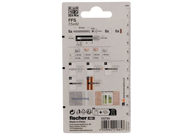 Packaging: "fischer Window frame screws FFS 7.5 x 92 TX30 K SB-card"