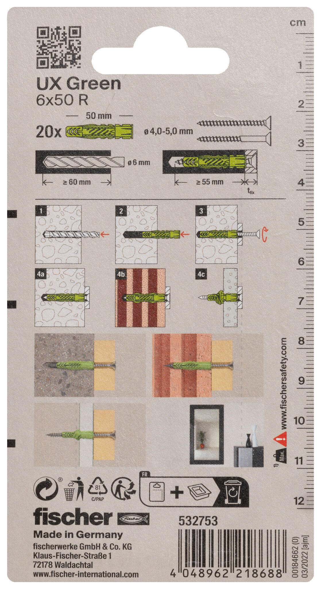Packaging: "fischer Universal plug UX Green 6 x 50 with rim"