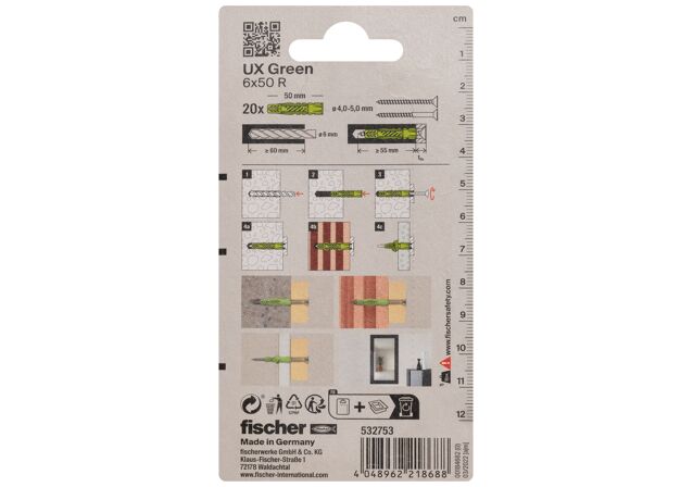 Packaging: "fischer Universal plug UX Green 6 x 50 with rim"