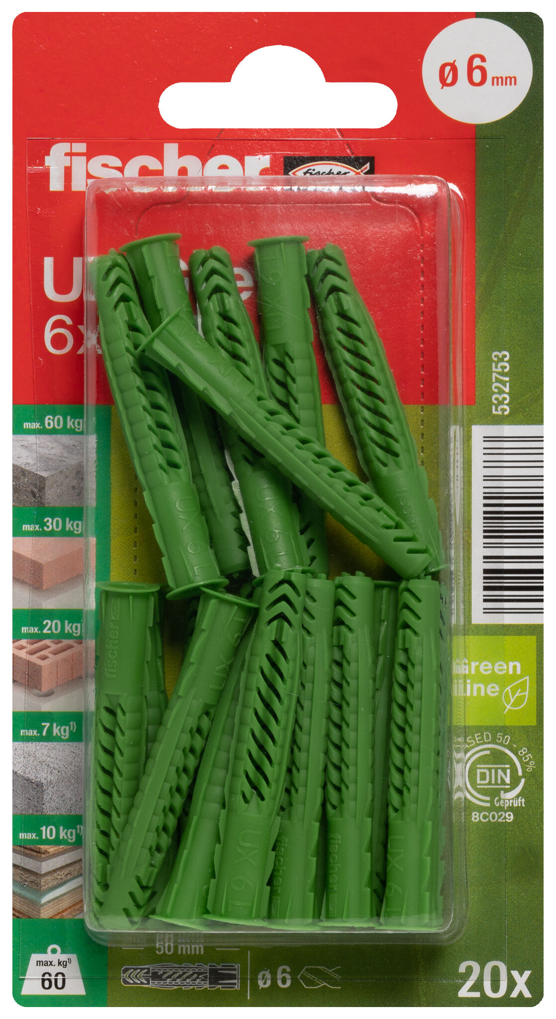 Packaging: "fischer Universal plug UX Green 6 x 50 with rim"