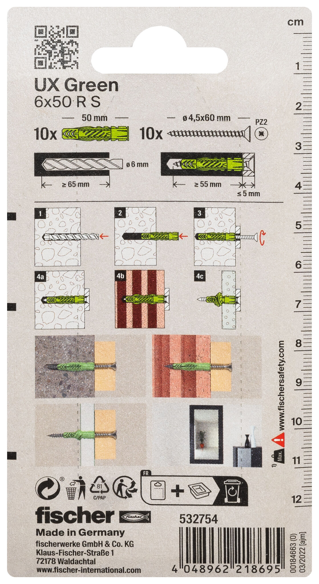 Packaging: "fischer Universal plug UX Green 6 x 60 R S with rim and screw"