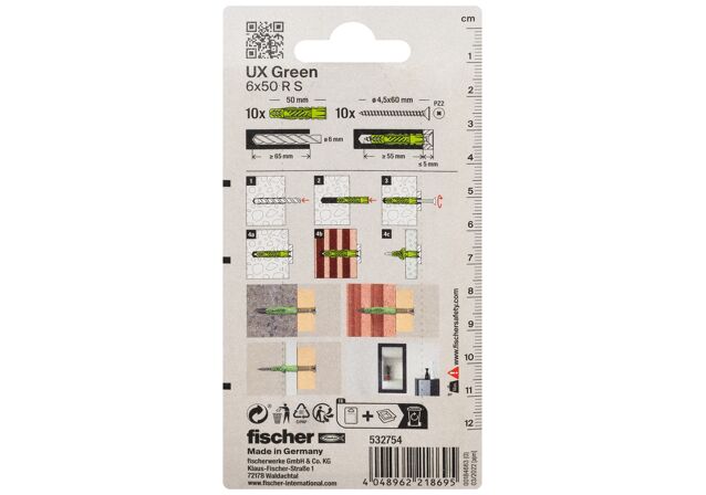 Emballasje: "fischer Universalplugg UX Green 6 x 60 R S med krage og skrue"