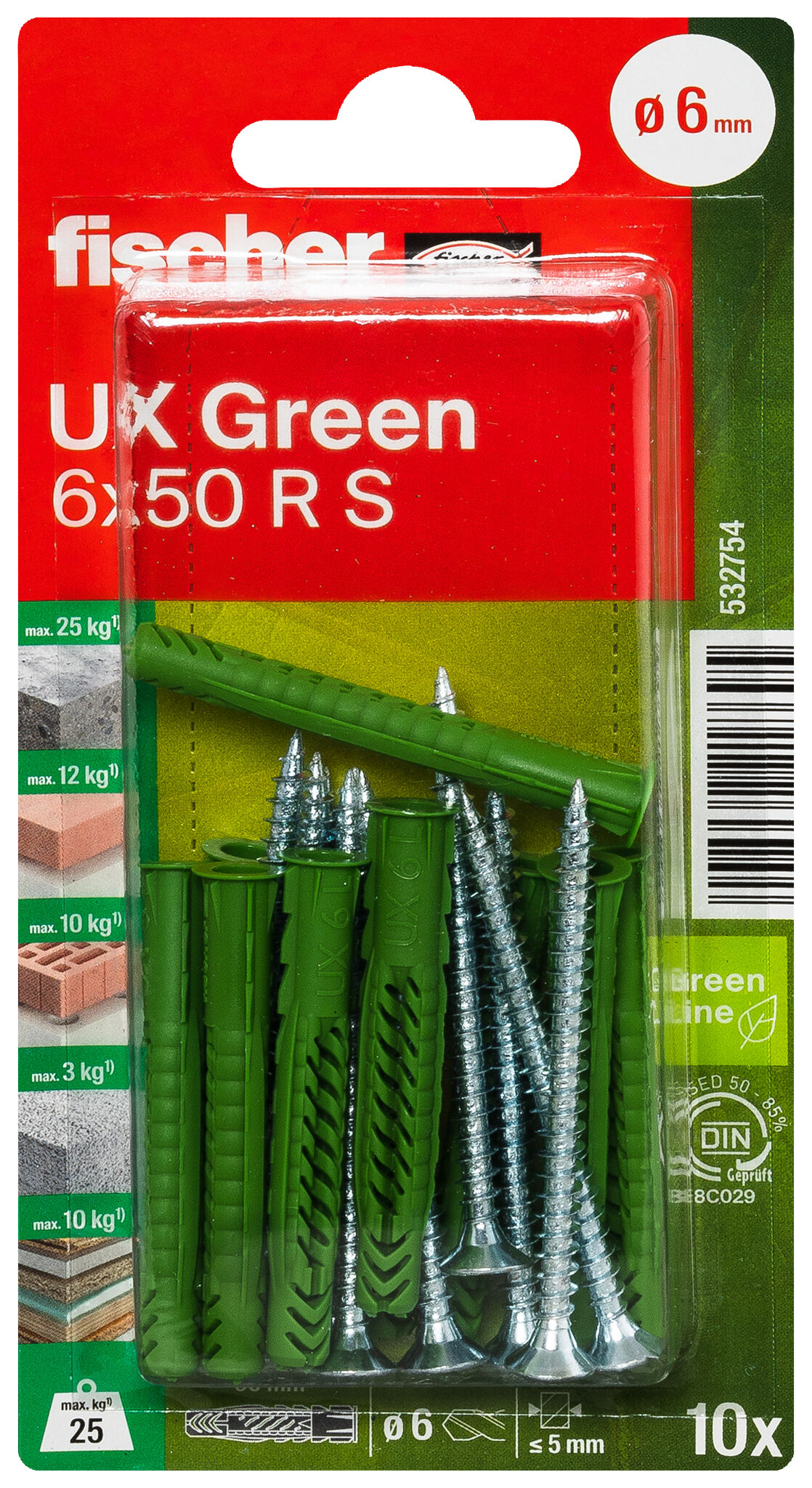 Packaging: "fischer Universal plug UX Green 6 x 60 R S with rim and screw"