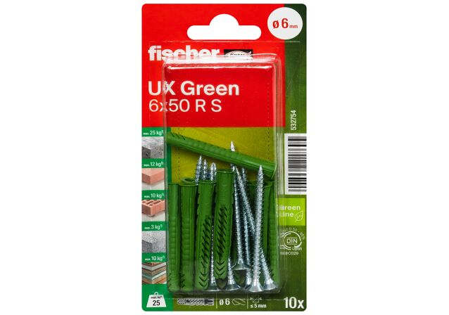 Packaging: "fischer Universal plug UX Green 6 x 60 R S with rim and screw"