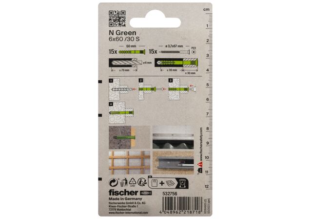 Packaging: "Гвоздевой дюбель fischer с потайным бортиком N Green 6 x 60/30 S с оцинкованным гвоздем"
