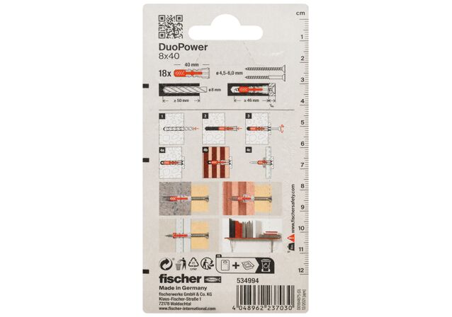 Συσκευασία: "fischer DuoPower 8x40 Νάιλον βύσμα σε blister"