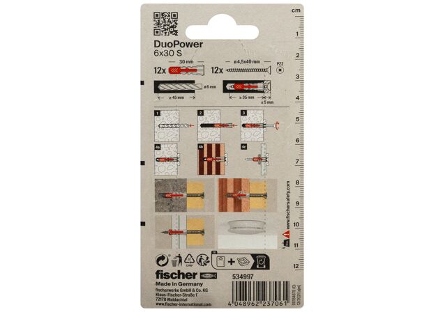 Packaging: "Cheville tous matériaux fischer DuoPower 6x30 S avec vis"