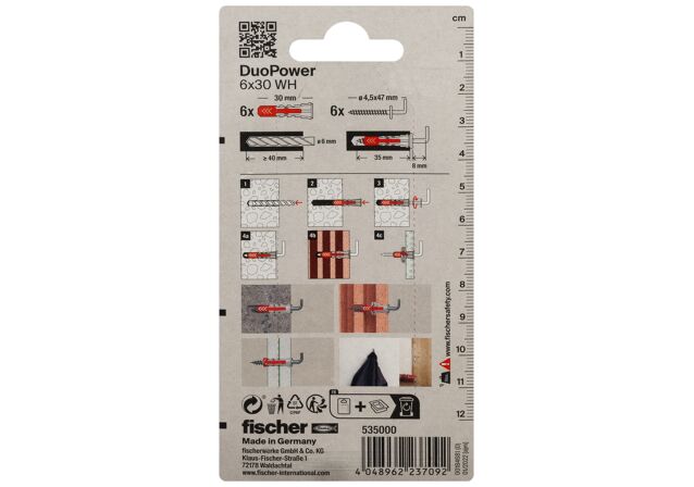 Packaging: "Cheville tous matériaux fischer DuoPower 6x30 WH avec crochet droit"