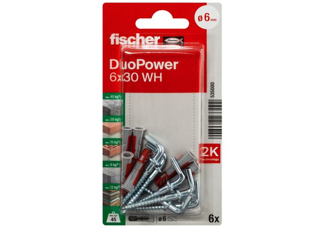 Packaging: "fischer DuoPower 6 x 30 WH with angle hook"