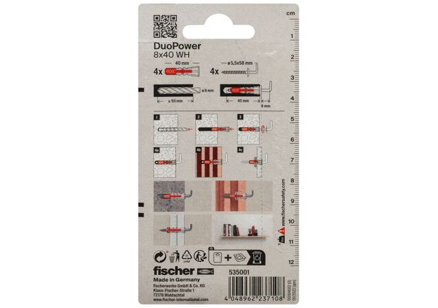 Packaging: "Cheville tous matériaux fischer DuoPower 8x40 WH avec crochet droit"
